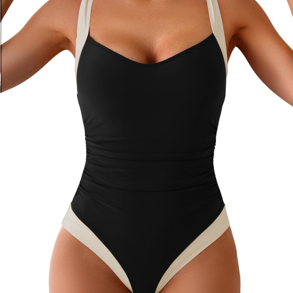 NWOT Black and Cream Ruched Swimsuit